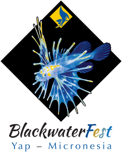 BlackwaterFest Logo, stylized juvenile lionfish over black diamond